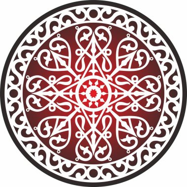 Vector red national Yakut circle. Round pattern of the indigenous peoples of the north, tundra, Chukchi, Nenets. Ethnic ornament of Siberian people