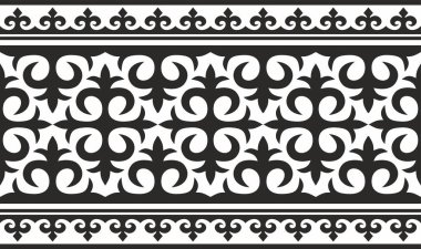 Vektör monokrom dikişsiz Kazak ulusal süsü. Büyük bozkırın göçebe halklarının etnik düzeni, Türkler. Sınır, çerçeve Moğollar, Kırgız, Buryatlar, Kalmikler.