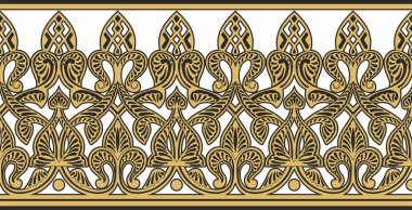 Vektör altın pürüzsüz doğu ulusal süsü. Sonsuz etnik çiçekli sınır, Arap insanları çerçeveli. Farsça resim.