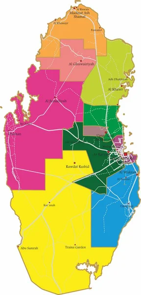 Vector Administrative Color Map State Qatar Territory Borders Regions Large — Vector de stock