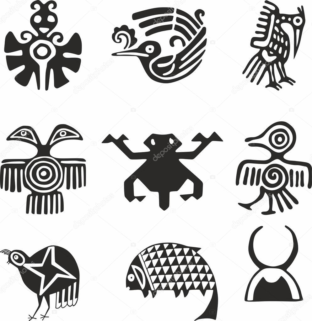Vector set of monochrome Indian symbols. National ornament of native americans, aztecs, maya, incas.
