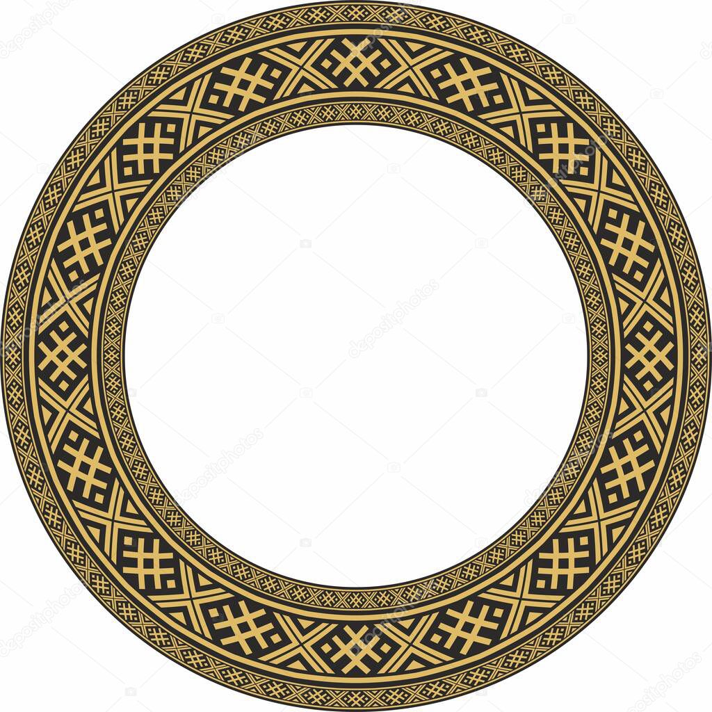 Vector golden round belarusian national ornament frame. Ethnic pattern circle of Slavic peoples, Russian, Ukrainian, Serb, Pole, Bulgarian. Cross stitch template