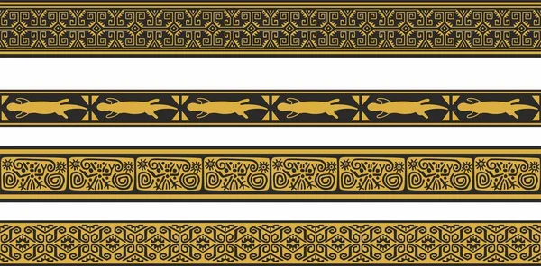 Vector Set Gold Black Native American Ornamental Seamless Borders Framework — Stockvektor