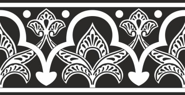 Vektör monokrom kusursuz doğulu ulusal süsü. Sonsuz etnik çiçekli sınır, Arap insanları çerçeveli. Farsça resim.