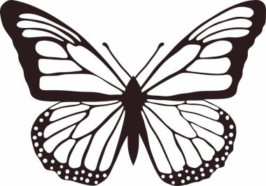 Vektör tek renkli kelebek. Büyük siyah kanatlı güzel böcek. Uçan bir böceğin çizimi. Kum püskürtme, lazer ve entrikacı kesme için uygun.