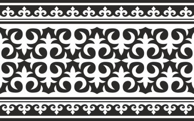 Vektör monokrom dikişsiz Kazak ulusal süsü. Büyük bozkırın göçebe halklarının etnik düzeni, Türkler. Sınır, çerçeve Moğollar, Kırgız, Buryatlar, Kalmikler.