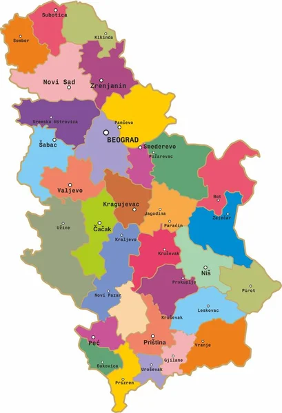 Vetor Colorido Mapa Administrativo Sérvia Território Estado Europeu Com Grandes — Vetor de Stock