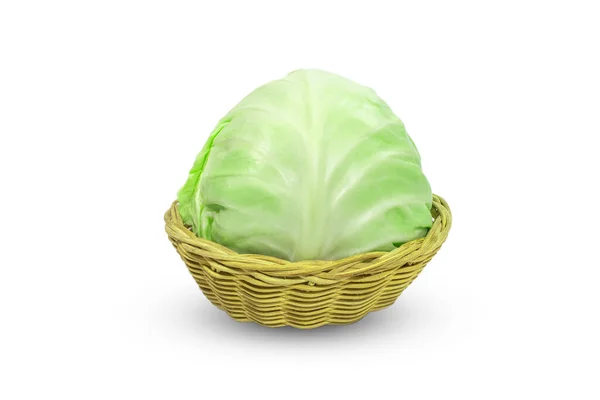 Fresh Cabbage Closeup Brown Basket Isolated White Background — Fotografia de Stock