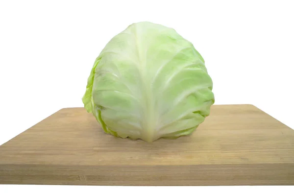 Young Vegan Cabbage Wooden Cutting Board White Backgroun — Stok fotoğraf