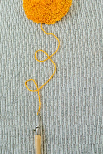 Closeup Punch Needle Yellow Thread Which Goes Curves Loops Textured — Stock Photo, Image