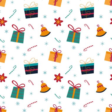 Kar taneleri, şeker, noel yıldızı, beyaz arka planda çan