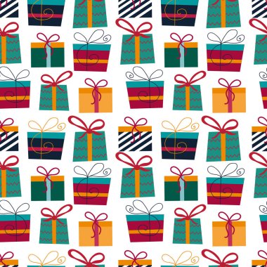 Beyaz arkaplanda sunumları olan kusursuz bir Noel deseni