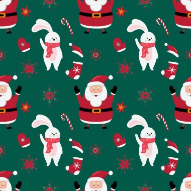 Noel Baba ve yeşil arka planda beyaz tavşanın olduğu kusursuz bir Noel deseni.