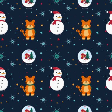 Kar taneleri, kardan adam, kartopu küresi, mavi arka planda kaplan...