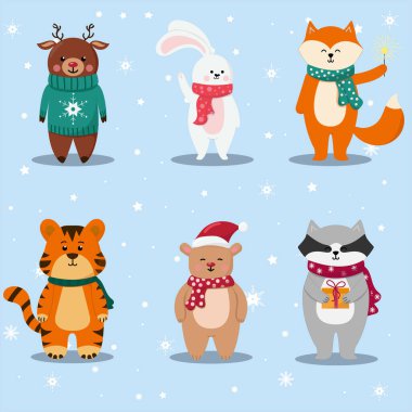 Sevimli hayvanlarla Noel seti. Kaplan, ayı, geyik, tavşan, tilki, rakun.