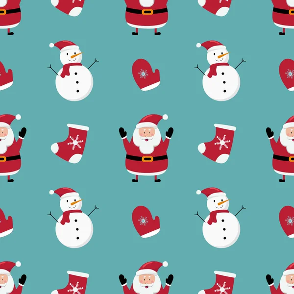 Kardan adam, Noel Baba ve mavi arka planda çoraplarla kusursuz bir Noel deseni. — Stok Vektör