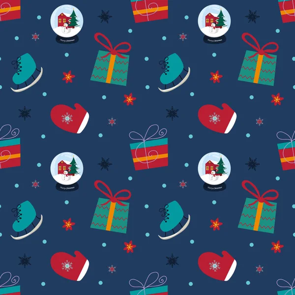 Natal sem costura padrão com flocos de neve, presente, bola de neve, mitene no fundo azul —  Vetores de Stock