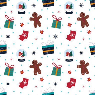 Beyaz arka planda kar taneleri, mevcut, kartopu, çorap, zencefilli adam Noel deseni