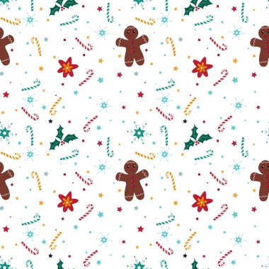Beyaz arka planda kar taneleri, şeker, noel yıldızı, Holly ve zencefilli adam olan kusursuz bir Noel deseni.