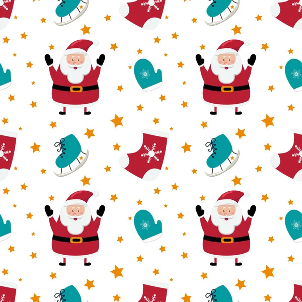 Modèle sans couture de Noël avec bonhomme de neige, Père Noël et chaussettes et patins sur fond blanc — Image vectorielle