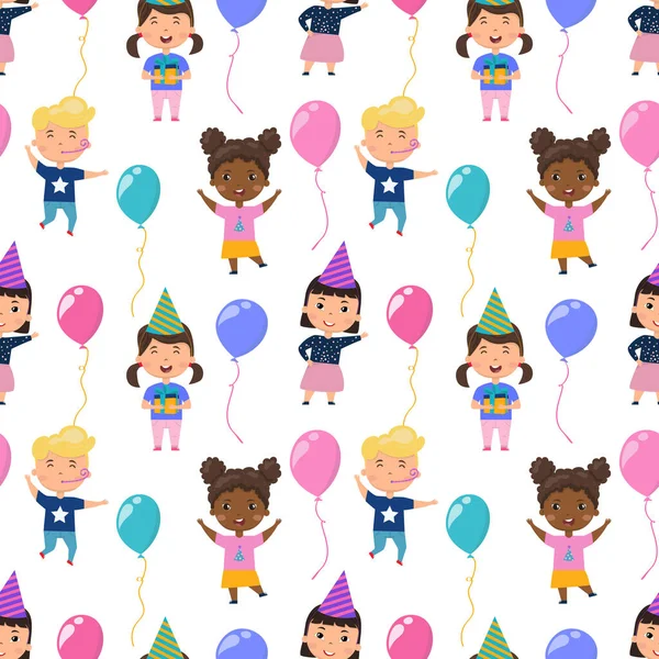 Sömlöst födelsedagsmönster med barn. Pojkar och flickor med ballonger — Stock vektor