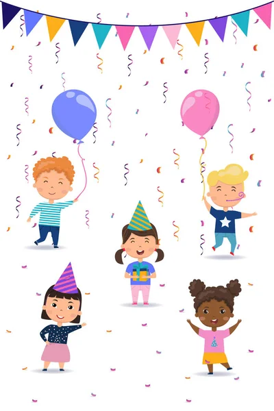 Födelsedag set med barn, konfetti, flaggor och ballonger — Stock vektor