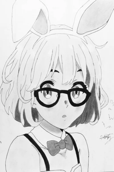Beyaz kağıt üzerinde tavşan kulağı takan gözlüklü genç bir kadının çizimi..