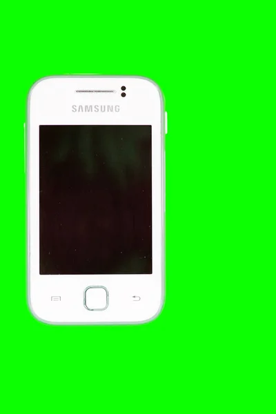 Een Kleine Witte Smartphone Met Een Zwart Leeg Scherm Een — Stockfoto