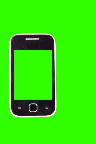 Een Kleine Zwarte Smartphone Met Een Groen Scherm Heeft Een — Stockfoto