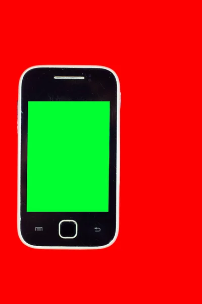 Een Kleine Zwarte Smartphone Met Een Groen Scherm Heeft Een — Stockfoto