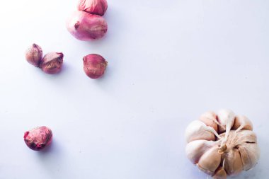 İzole edilmiş beyaz arka planda yemek, soğan ve sarımsak için baharatlar..