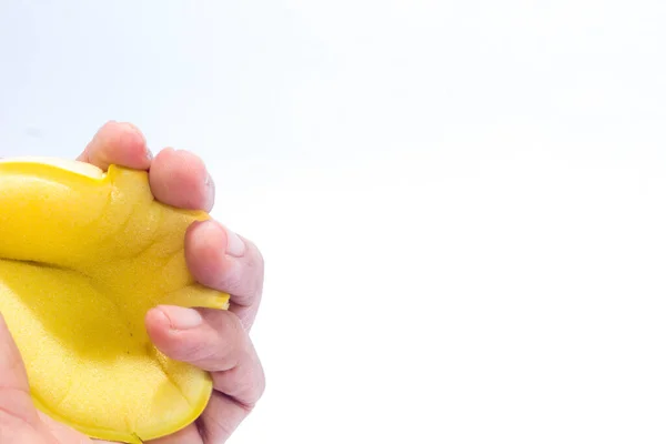 Yellow Dishwashing Sponge Held Finger Isolated White Background — Stock Photo, Image