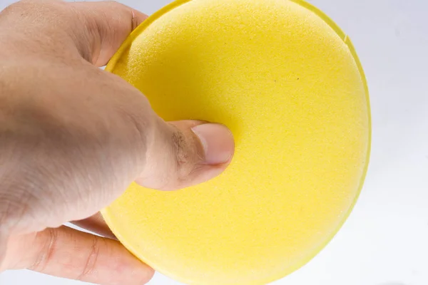 Yellow Dishwashing Sponge Hand Isolated White Background — Stock Photo, Image