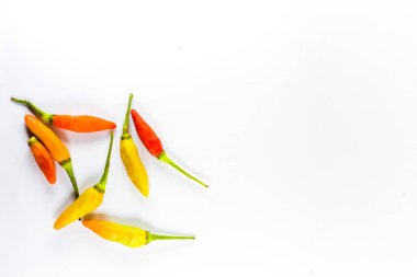 Arka plan tasarımı. Köşesinde renkli kırmızı biber ve izole edilmiş beyaz arka plan..