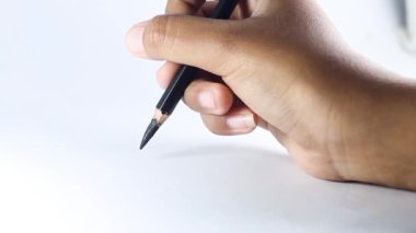 İzole edilmiş beyaz arka planda bir kalemi tutan el. boş beyaz bir kağıda yaz.