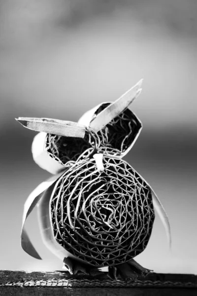 Kartondan yapılmış baykuş bebeği. Cadılar Bayramı günü ve din için kopya alanı, tebrik kartları ve dekorasyonlar. siyah ve beyaz fotoğrafçılık