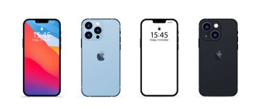 Iphone 13, maksimum 13 profesyonel model. Gerçekçi akıllı telefon seti. UI UX beyaz kullanıcı arayüzü. Zaporizhzhia, Ukrayna - 18 Ekim 2021.