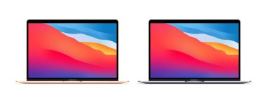 Yeni MacBook Air modeli. Mac Book altın ve gümüşü. UI UX beyaz kullanıcı arayüzü. Zaporizhzhia, Ukrayna - 18 Ekim 2021