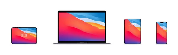New MacBook Air, Ipad mini, IPhone 13 Pro Max modeli. UI UX beyaz kullanıcı arayüzü. Zaporizhzhia, Ukrayna - 18 Ekim 2021.