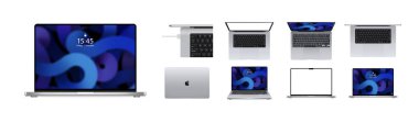 M1 Max ve M1 Pro işlemcili yeni model Slim Apple Macbook Air veya Pro. Vektör. Zaporizhzhia, Ukrayna - 30 Kasım 2021.