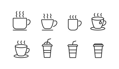 Kupa çizgisi simgesi hazır. Kahve ikonları. Çay, içki, kakao, fincan, kafe. Kupa tasarım için şarkı söyler. Vektör.