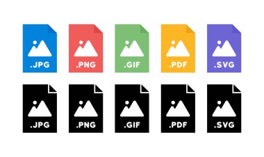 Dosya biçimleri simgesi seti. PNG, SVG, JPG, PDF ve GIF. Vektör EPS 10. Beyaz arkaplanda izole.