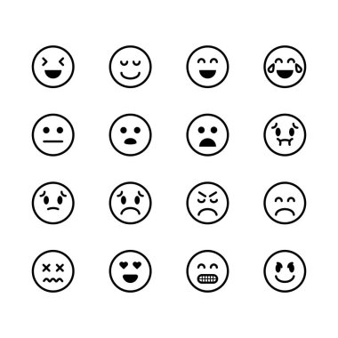 Emoji simgeleri ayarlandı. Üzgün, mutlu, kızgın ikonlar. Sosyal medya simgeleri. Sohbet kapsamı. Müşteri geri bildirimi. Vektör 10.