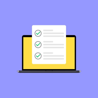 Kontrol listesi tarayıcı vektör çizimi. Kutuyu kontrol et. Laptop ekranında beyaz işaret var. Web afişleri, siteler, bilgi grafikleri için elementler. Vektör 10.