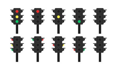 Trafik ışığı simgesi ayarlandı. Hareket kontrol sinyali. Güvenlik. Kurallar. Vektör 10.