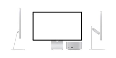 Yeni Apple Stüdyo Görüntüleme Bilgisayar Monitörü ön ve yan görünümü. Mac Stüdyosu. Apple bilgisayar seti. M1 Max ve M1 Ultra. Stüdyo görüntüsü. Vektör çizimi. Ukrayna, Zaporizhzhia, Mart, 15