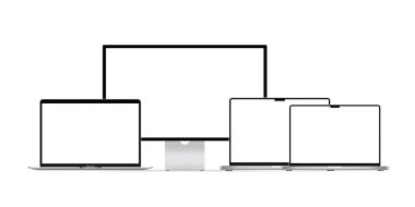 Mac Stüdyosu. Macbook profesyoneli. Stüdyo görüntüsü. Apple Stüdyo Görüntüleme Bilgisayar Monitörü. Laptop ekran modeli, defter Macbook havası. Dizüstü bilgisayar modeli. Not Defteri PC gerçekçi vektör çizimi