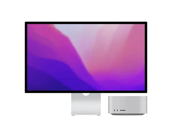 Apple Stüdyo Görüntüleme Bilgisayar Monitörü ön görünümü. Mac Stüdyosu. M1 Max ve M1 Ultra. Stüdyo görüntüsü. Vektör çizimi. Ukrayna, Zaporizhzhia, Mart, 15