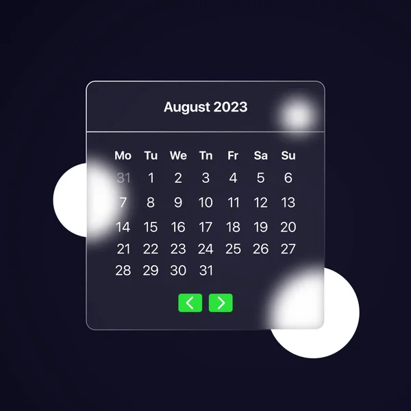 Calendar 2023 year. August month. Glassmorphism style. Can be used for business presentation or advertising. Vector illustration — Stock Vector