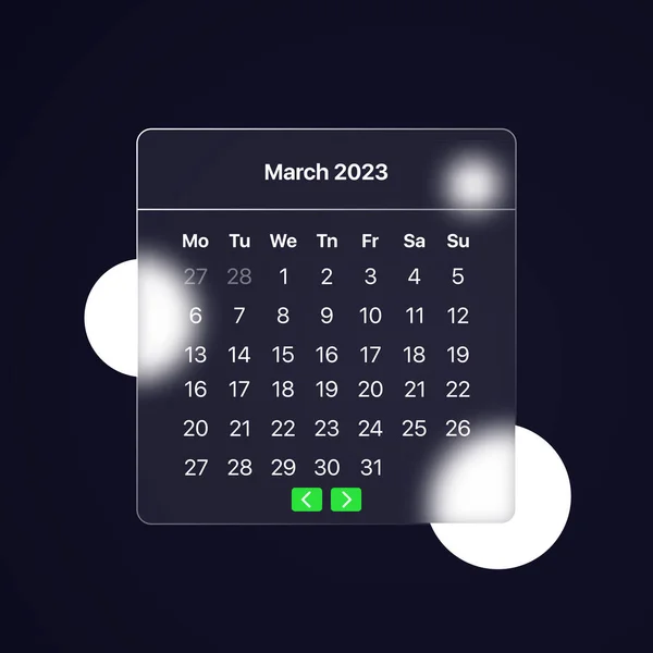 2023年のカレンダー。3月。ガラス形態論的スタイル。ビジネスプレゼンテーションや広告に使用できます。ベクターイラスト — ストックベクタ